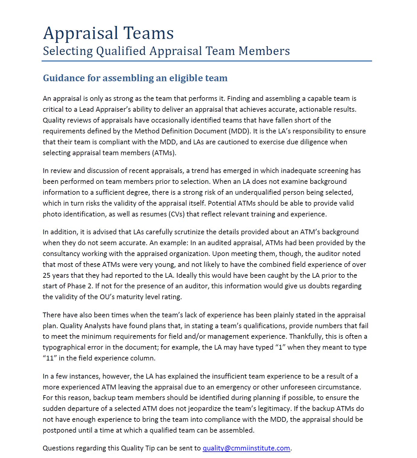 May 2018 Quality Tip - Appraisal Teams
