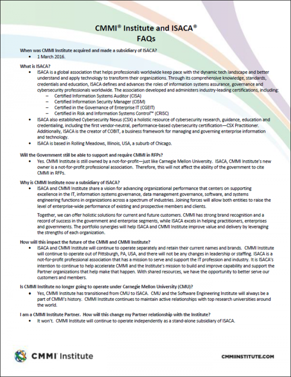 ISACA®-CMMI® Institute Acquisition FAQ's